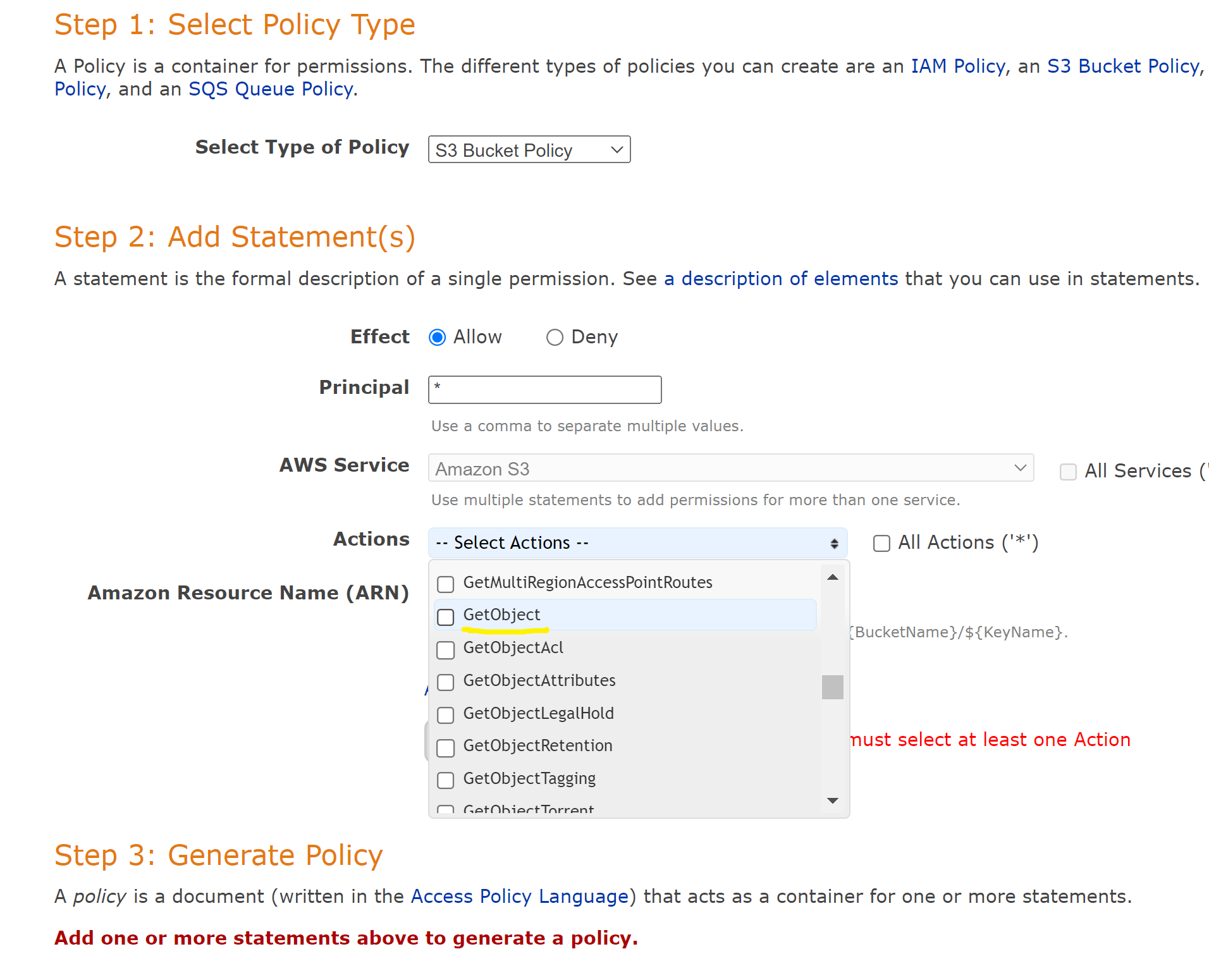 picture of the AWS Policy generator webpage